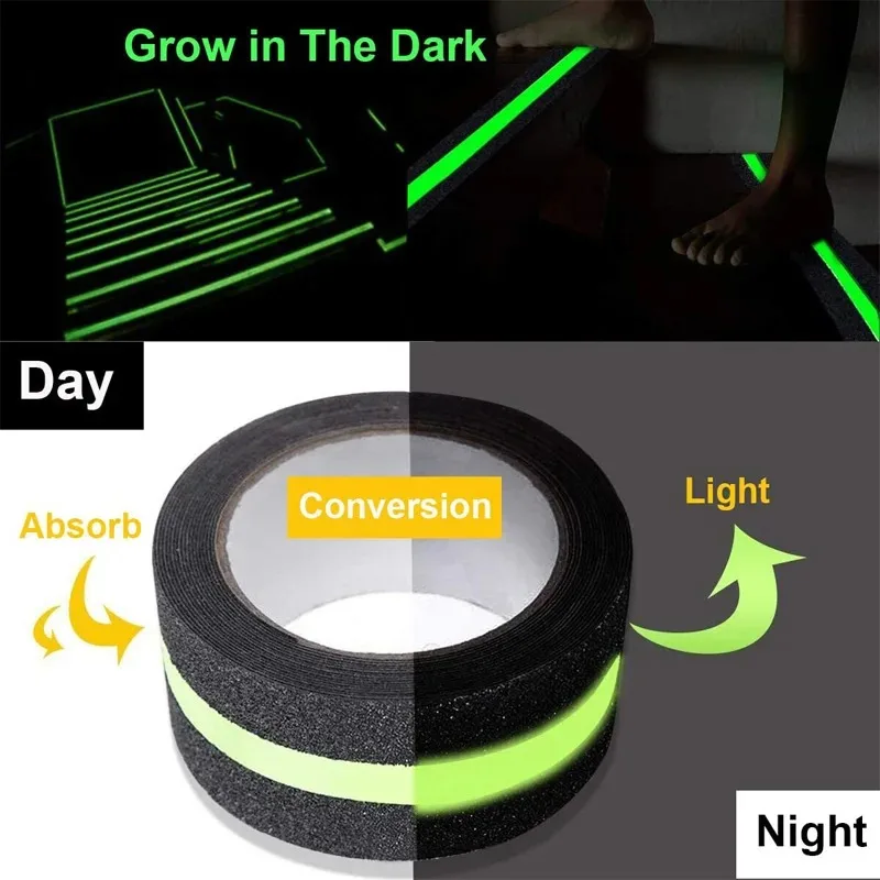 5CM x 5/2M Anti Slip Traction Tape With Glow in Dark Green Stripe Friction Abrasive Adhesive For Stair Tread Step Indoor Outdoor