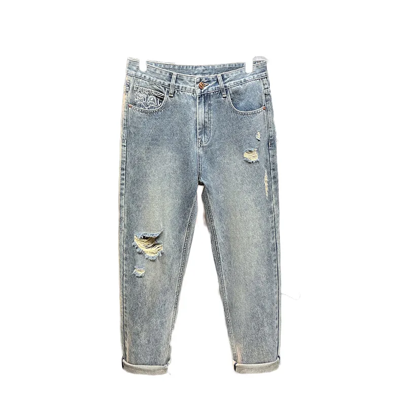 Summer Cropped Jeans Men's All-Matching Fashion Brand Embroidery Loose Hole Pencil Pants Fashion High-End Retro Pants