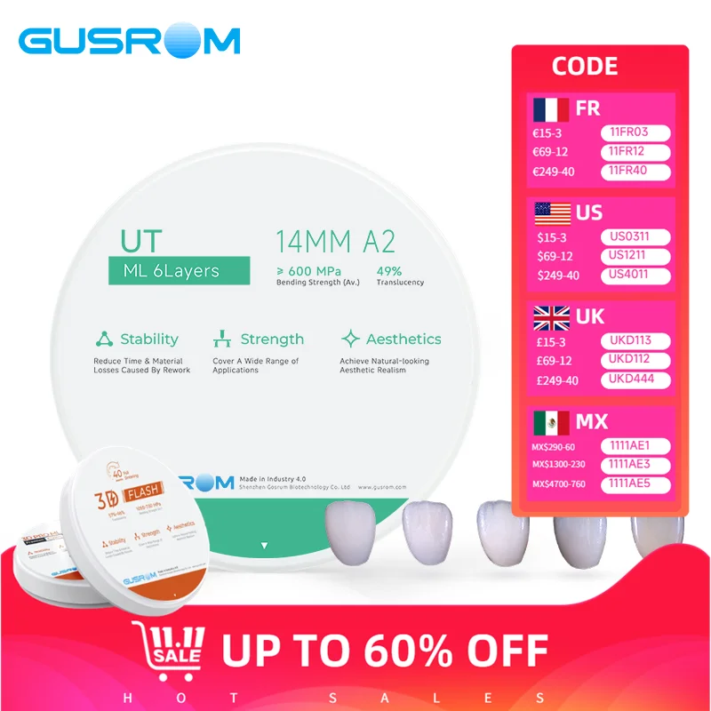 

GUSROM UT ML Multilayer Zirconia Block 98mm High Translucent Dental Zirconia Disc for CAD/CAM Anterior Crown Veneer Restoration