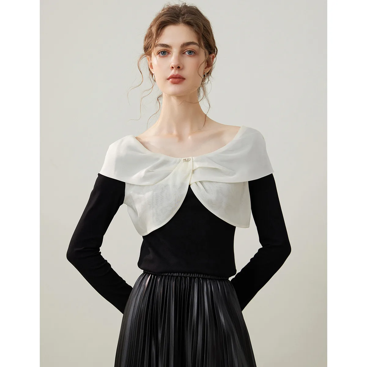 LOUIS YAO New Shawl-collar Round Neck T-shirt 2025 Spring Autumn Pullover Slightly Stretchy Slim-fit Women's  Long Sleeve Tees