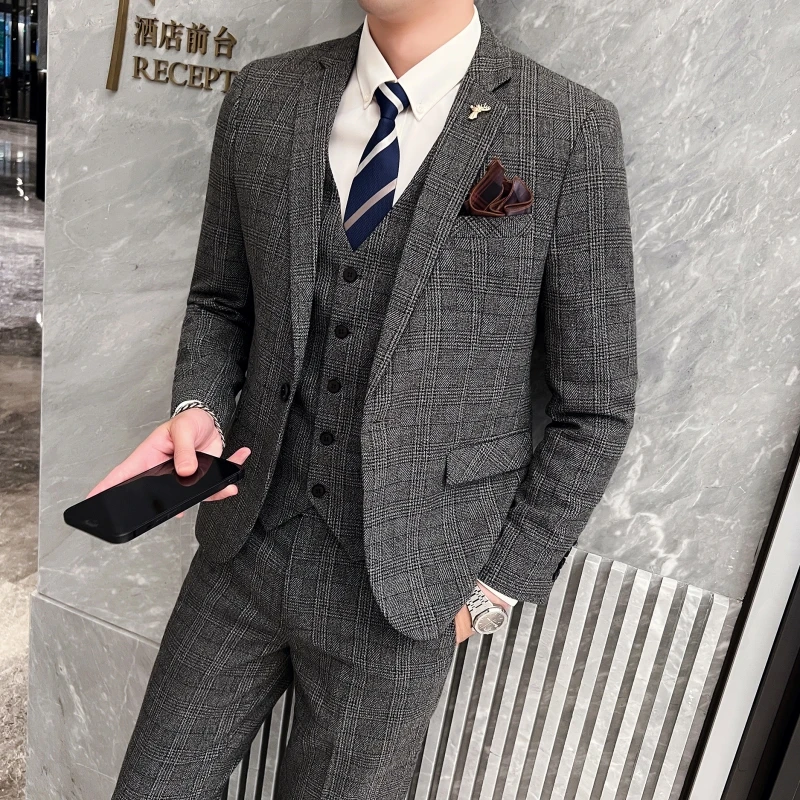 2023 Men's British Fashion Three-piece Set Slim Fit Suit Vest Trousers Ensemble Handsome Trendy All-in-one Banquet Blaze 14 S16bf247ca8b04417814b03850d90cb23L