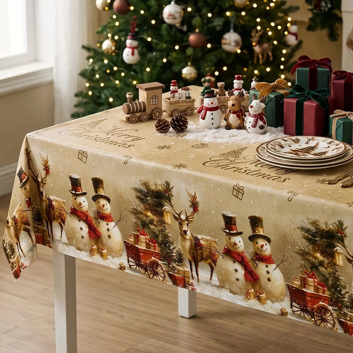 1pc, Vintage Golden Christmas Disposable PE Tablecloth, 86.61 X 51.18inch, Snowman Elk Christmas Tree Pattern Tablecover, Merry