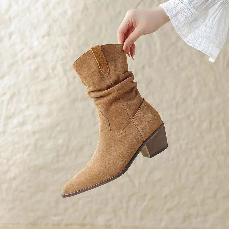 

New Style Fashionable Women's Vintage Rider Boots High Heels Women's Shoes Chunky Heels Pointed Toe Western Boots Zapatos Mujer