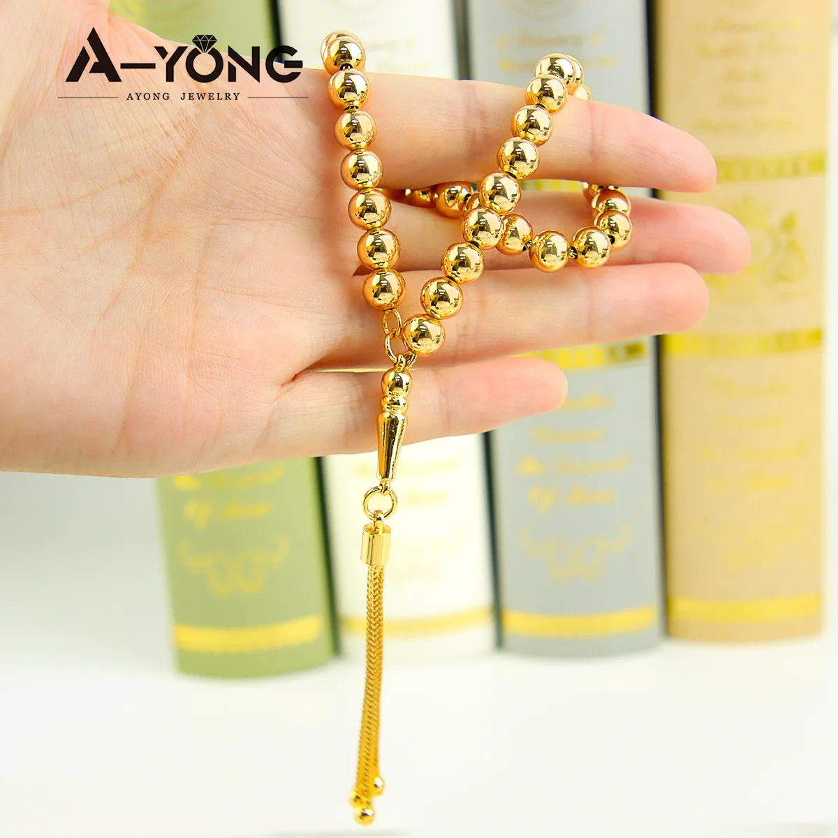 Ramadan islamisches Gebetsperlen-Armband, 21 Karat vergoldet, Naturharz, arabische Damenmode, Eid-Armreifen, muslimischer traditioneller Schmuck – Detail 10