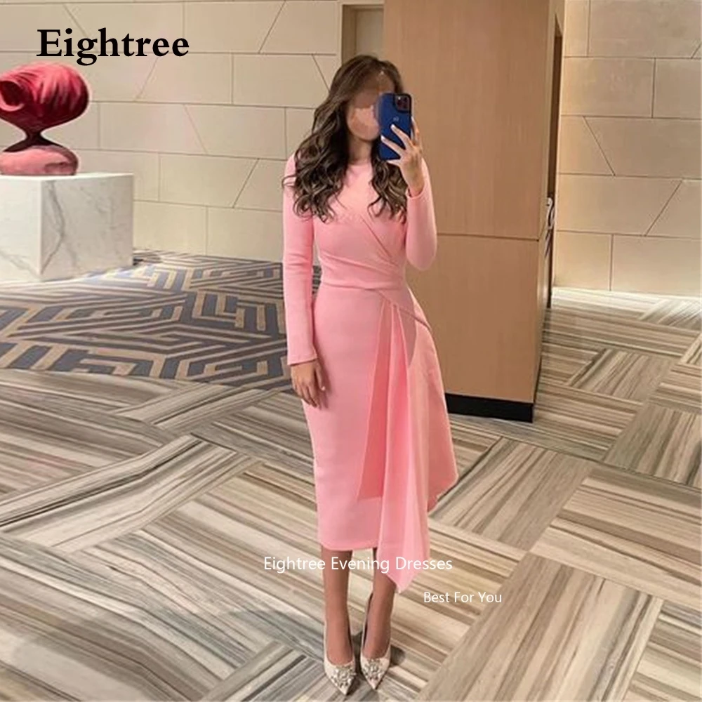 Eightree Pink Elegant Arabic Prom Dresses Long Sleeves Satin Mermaid O Neck Modern Abendkleider Sexy Dubai Formal Occasion Dress