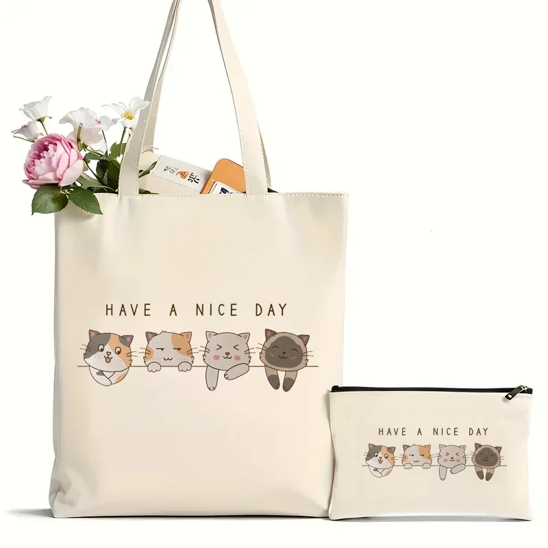 

2Pcs Cartoon Cats Pattern Tote Bag, Aesthetic Canvas Shoulder Bag, Lightweight Grocery Shopping Bag