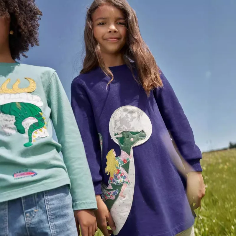 

Autumn New Girls' Long Sleeve Dress Dinosaur Flying to the Moon Autumn Princess Dress Children's Spring and Autumn Dress