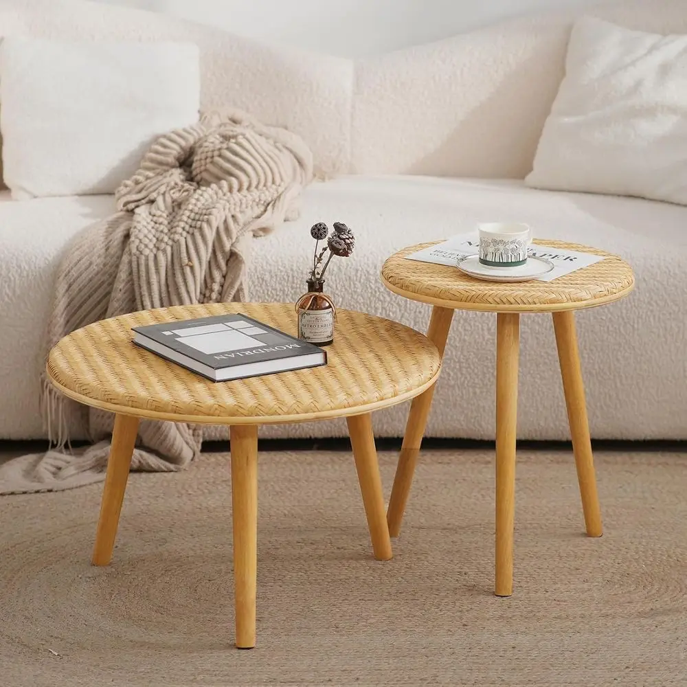 

Set of 2 Boho Style Natural Bamboo Woven Coffee Tables for Living Room