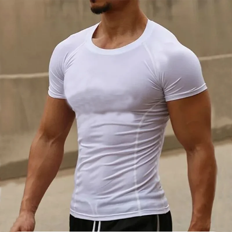 Quick-drying Men Running Shirts Fitness Compression Gym Polyester Sports T-shirt Black 2023 Workout Training Muscle Fit Clothing