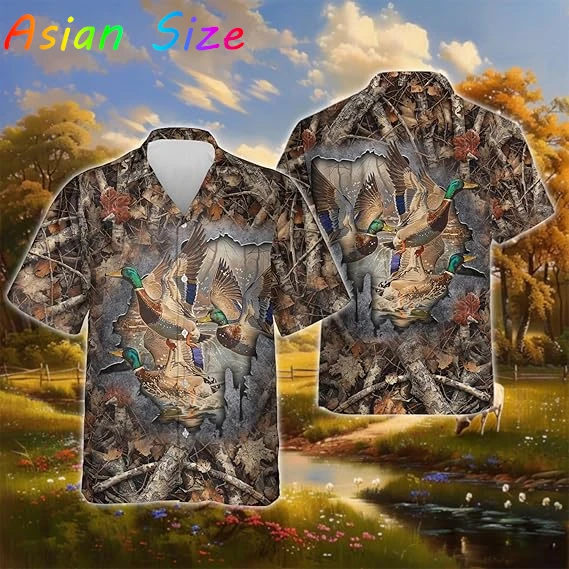 

2026 Hawaiian Shirt For Men New Vintage T-Shirt Beach Wild Duck Prints Short Sleeved Hunter Tops Casual Cool Design Men's Blouse