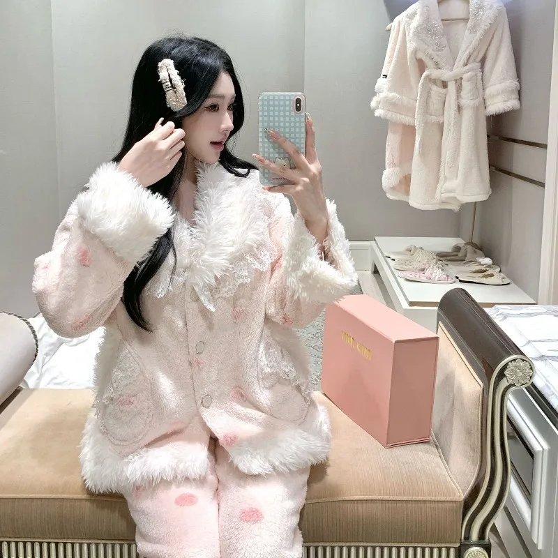 New Women's Flannel Pajamas Set Autumn Winter Warm Thick Coral Fleece Loungewear Pink Cozy Comfortable Sweet Cute XL Size Girl