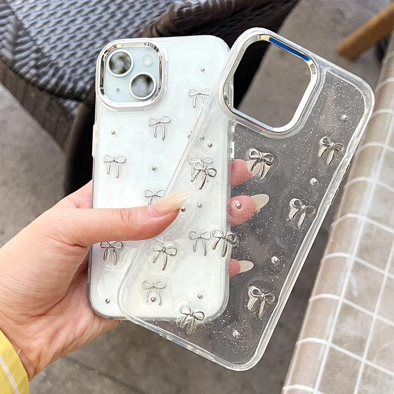 Cute Sparkling Powder 3D Bow Clear Case For iPhone 15 Pro Max Phone Case For Apple iPhone 15 PM PlusTransparent Anti Drop Sleeve