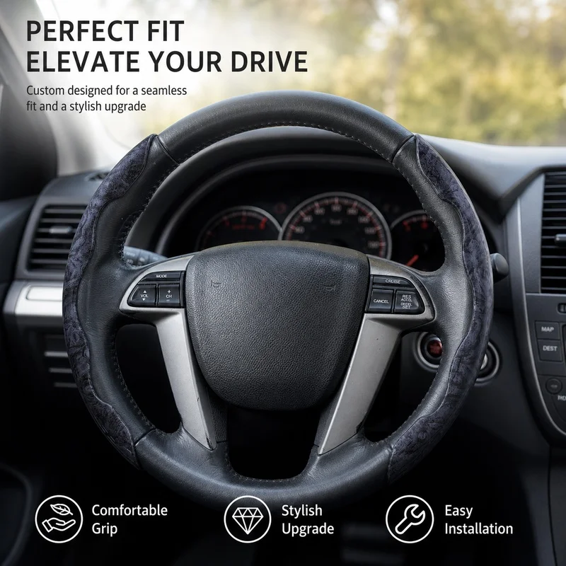 Unbranded two-piece set of black peach wood grain car steering wheel grips，Half Pack PU Leather anti-slipPVCSteering wheel cover