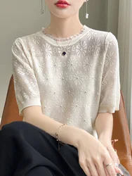 Summer new women's sweater lace knitted 100% pure merino sweater short sleeve O-neck hollow T-shirt