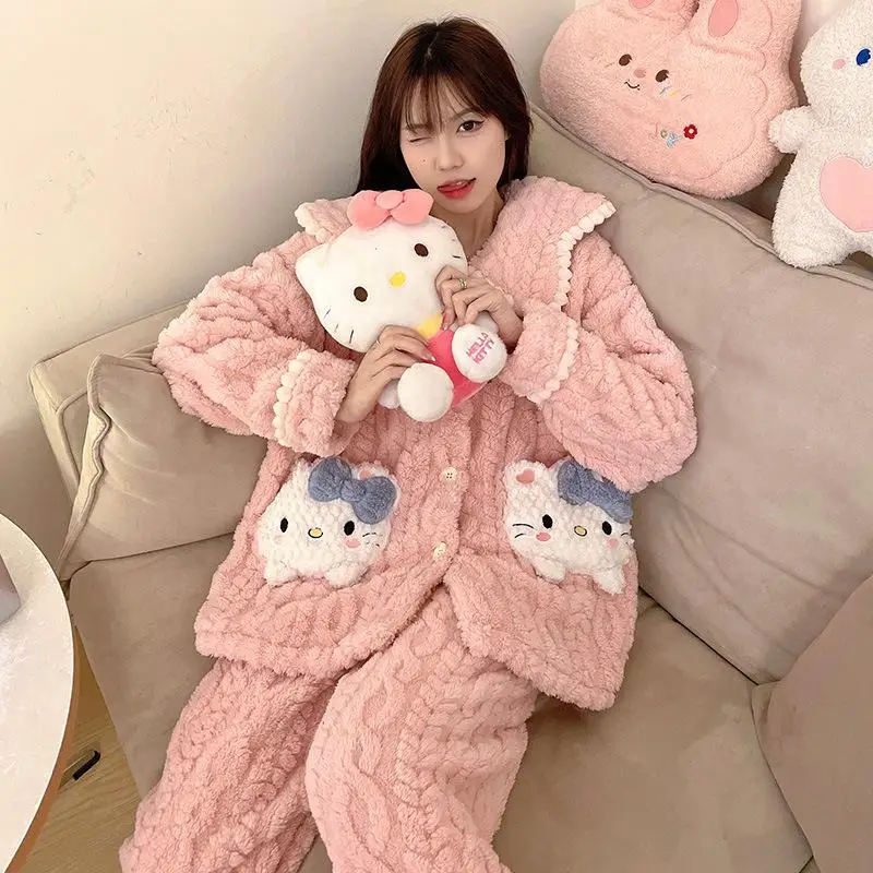 

Sanrio Girl коралловый флисовый откидной воротник с длинными рукавами, сохраняющий тепло пижамный комплект, зимний Kawaii Hello Kitty, утепленная домашняя одежда с комиксами
