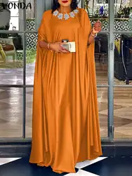 Plus Size 5XL VONDA  Summer Party Dress Fashion Women Satin Long Maxi Sundress Bohemian Round Neck 3/4 Bat Sleeve Vestidos Robe