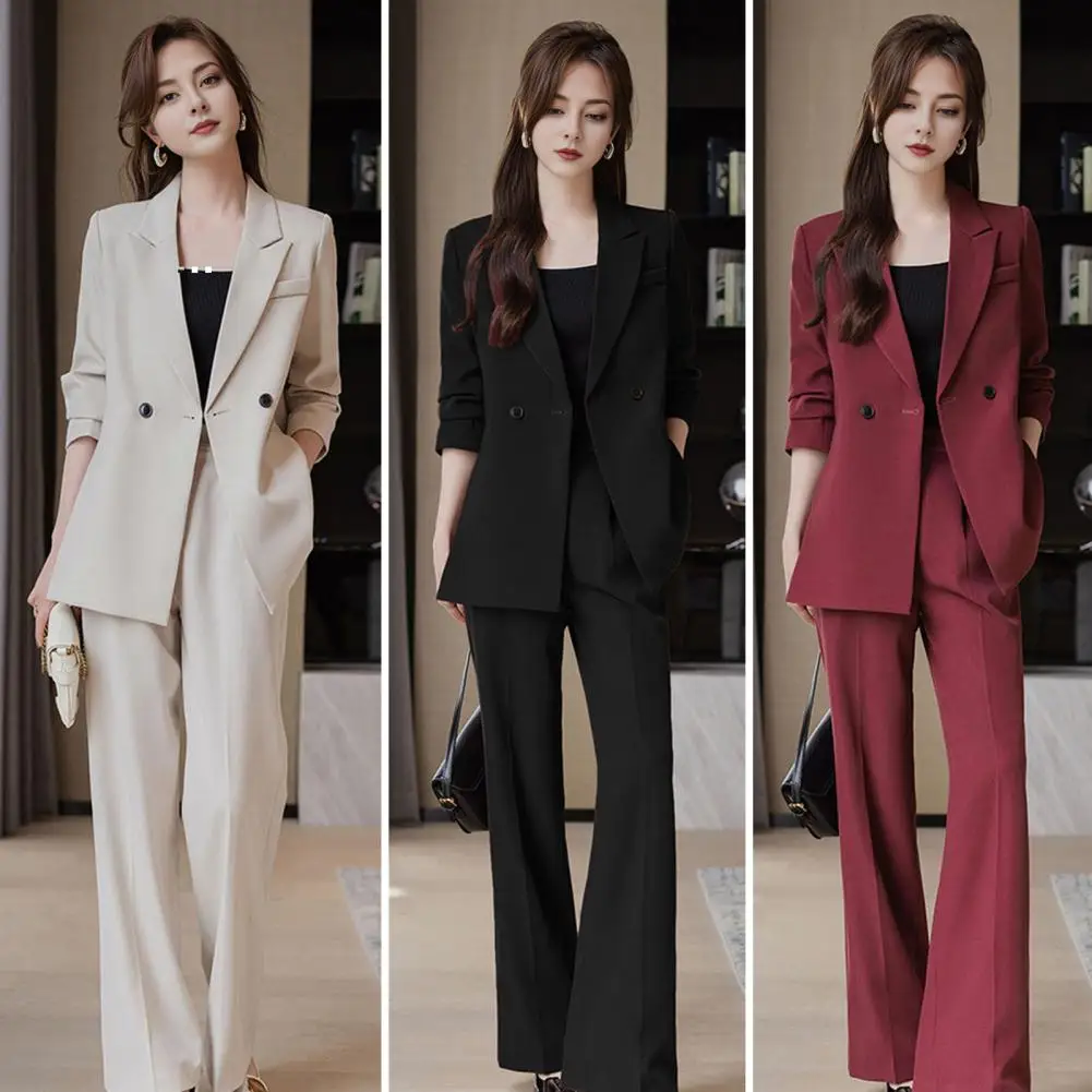 Lady Commute Outfit Elegant Women\'s Formal Suit Set with Turn-down Collar Jacket Pure Color Trousers Stylish for Commuting