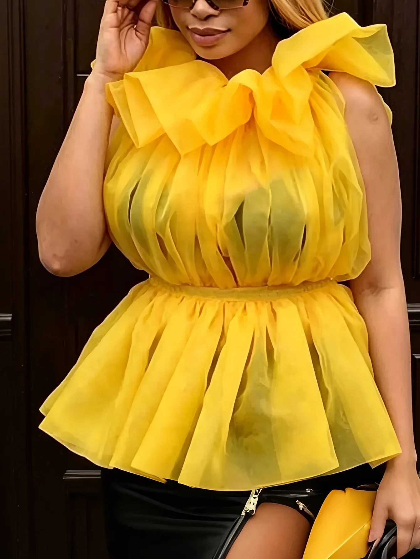 Organza Sleeveless Peplum Blouse Big Bow Halter Neck Sheer Mesh Ruffle Blouse Flared Hem  Sleeveless Shirt for Women
