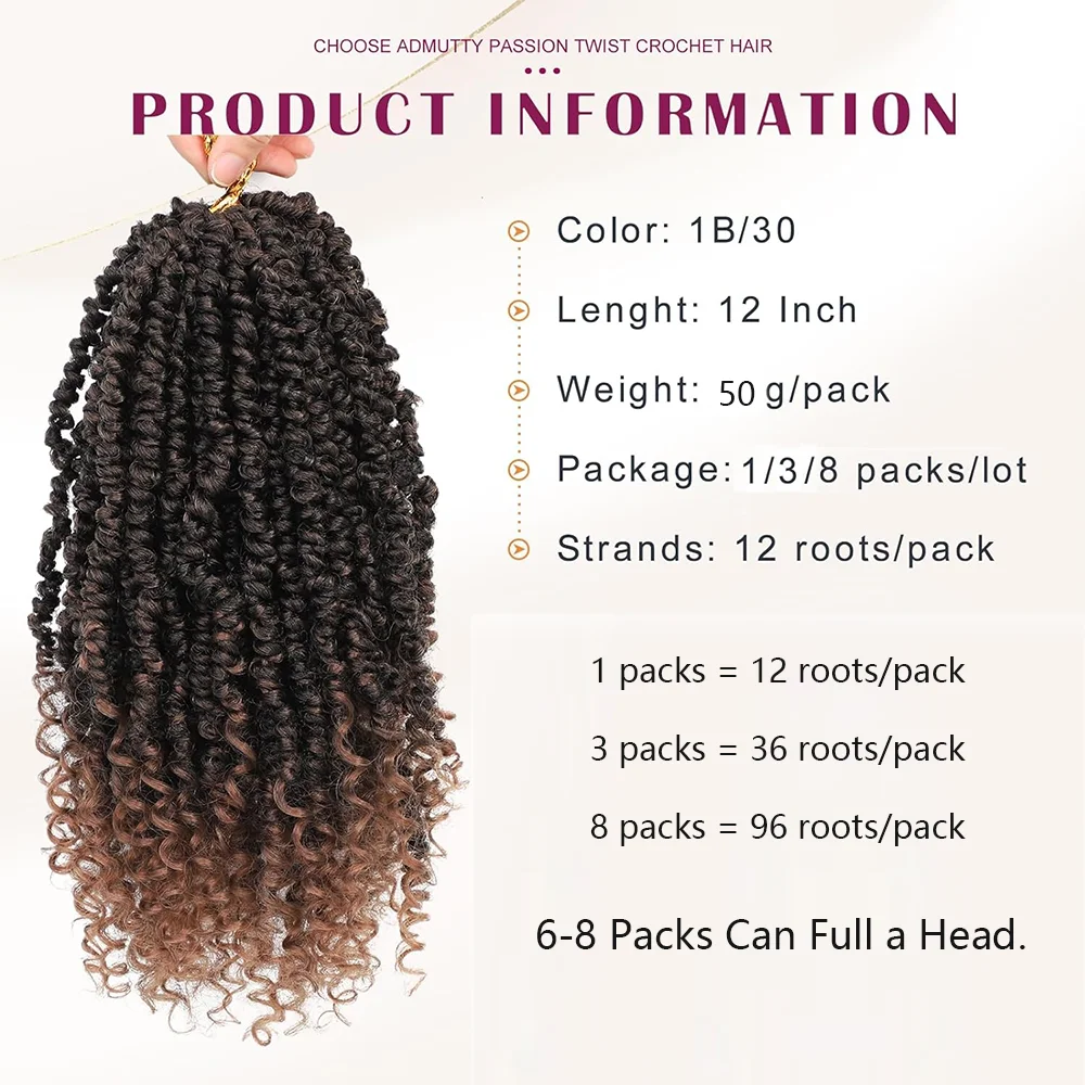 14Inch Passion Twist Crochet Hair 8 Packs Prelooped Passion Twist Hair, Short Pre Looped Crochet Hair for Black Women Synthetic
