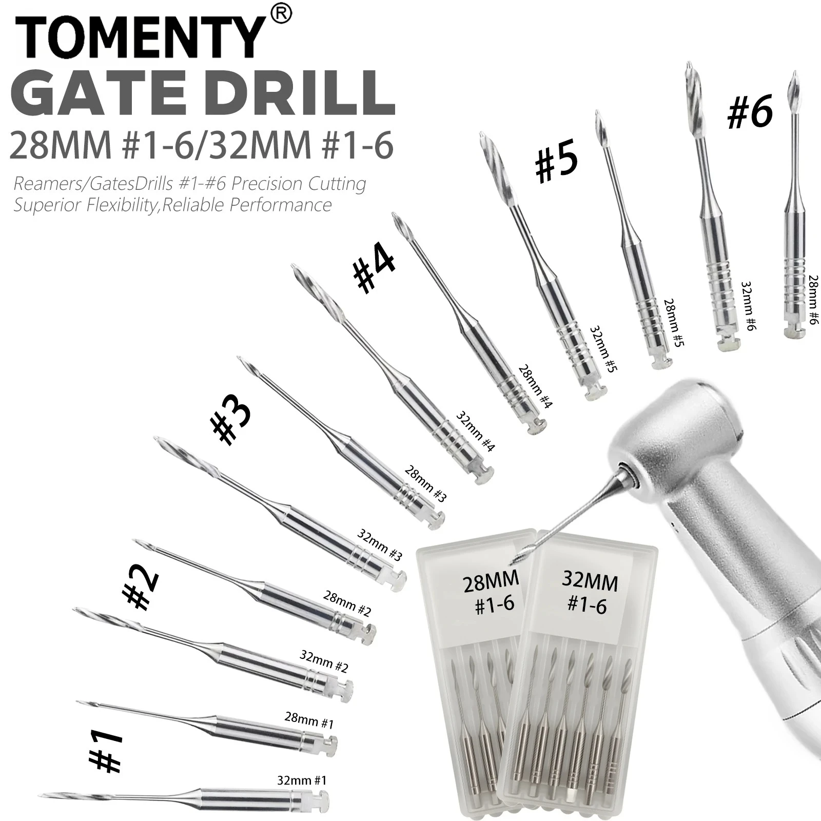 Tomenty 6Pc/box Dental Endodontic Gates Drill Glidden Rotary 28/32mm Engine Use Stainless Steel Endo Files Dentistry Instruments
