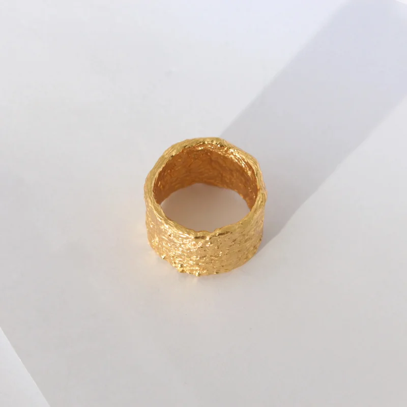 Litheline 24K Gold Plated Brass Molten Texture band Ring, Wide Design Lead-Nickel-Sensitive Unisex Jewelry view 5