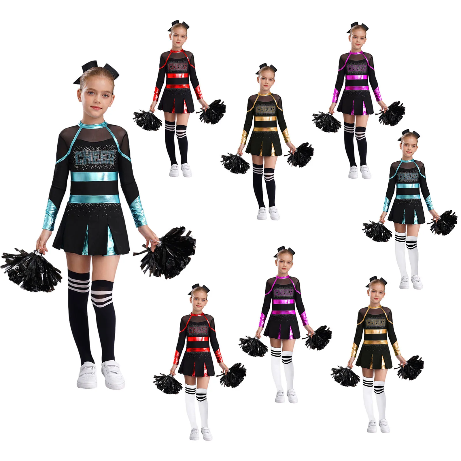 Kids Girls Cheerleading Dance Leotard Dress with Headwear Hand Flowers Socks Sports Meeting Halloween Carnival Cosplay Costume