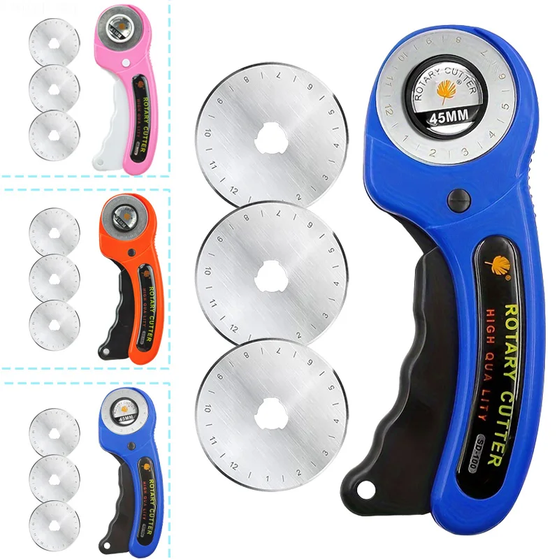 45mm Rotary Cutter (Includes 5 Replacement Blades), Ergonomic Handle Fabric Roller Cutter, Safety Lock and Sharp Stainless Steel Circular Blade, Suitable for Sewing, Paper Cutting, DIY Crafts, Tailoring, Patchwork, and