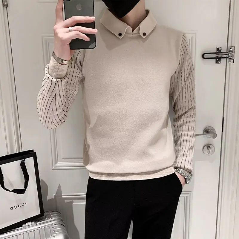 Pi Shuai Sweater Men's Fake Two Piece Shirt Collar New Autumn Winter Base Korean Edition Trendy Slim Fit Knitted Sweater