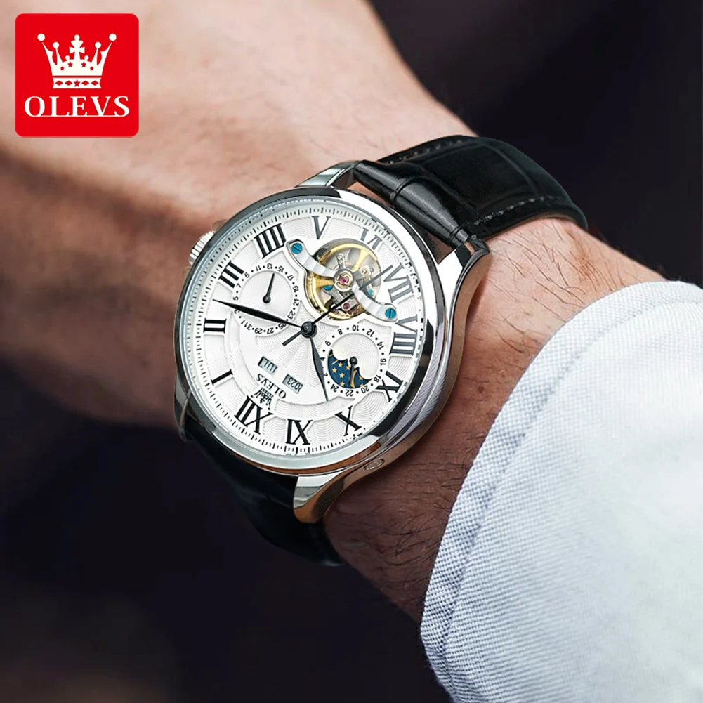 OLEVS-reloj mecánico de negocios a escala romana para hombre, pulsera automática de fase lunar, resistente al agua, esqueleto hueco, 7013