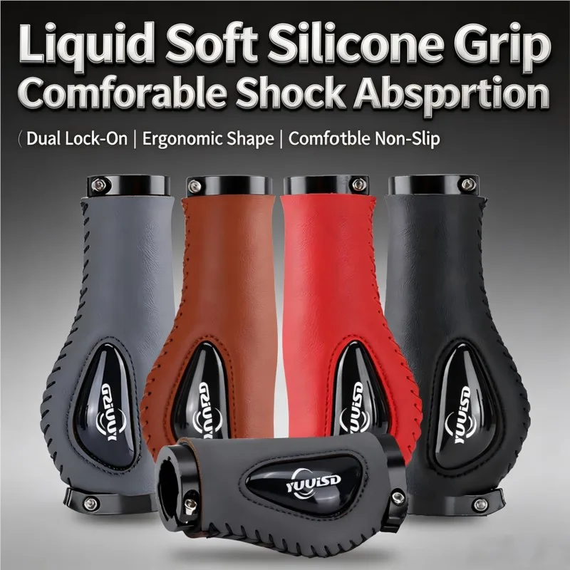 Yuuisd 2pcs Liquid Silicone Bike Grips Lock-On Bicycle Handlebar Grips Shock Absorbing Electric Bike PU Leather Soft Handle Grip