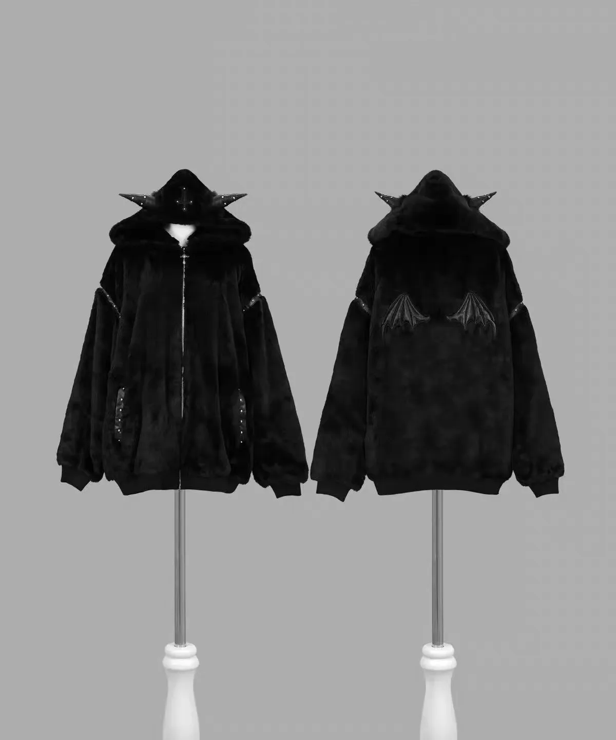 Dark Gothic Lolita Hooded Faux Fur Coat Black Oversized Zip-Up Jacket with Horns Cross Chain Harajuku Punk Outerwear