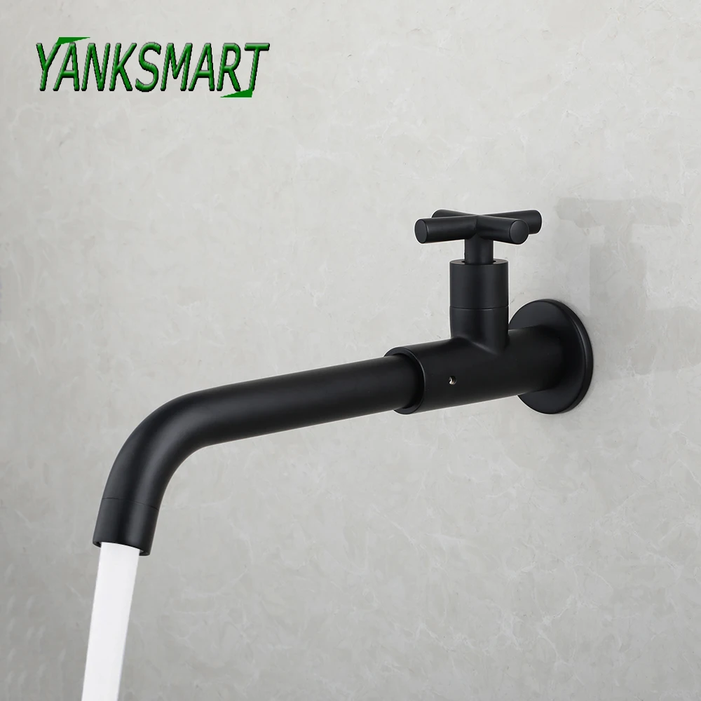 

YANKSMART Matte Black Bathroom Faucet Basin Stainless Steel Faucets Wall Mounted Bathtub Sink Single Handle Only Cold Water Tap