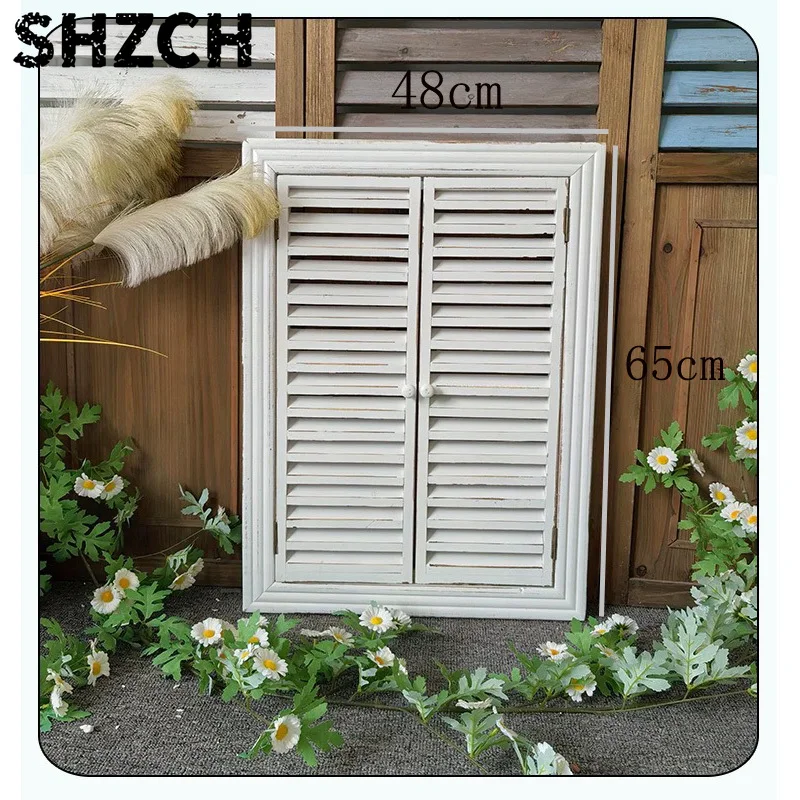 Rustic Distressed Wood Shutter Wall Decor, White, 48x65x3 CM, Vintage Style Decorative Window Panel