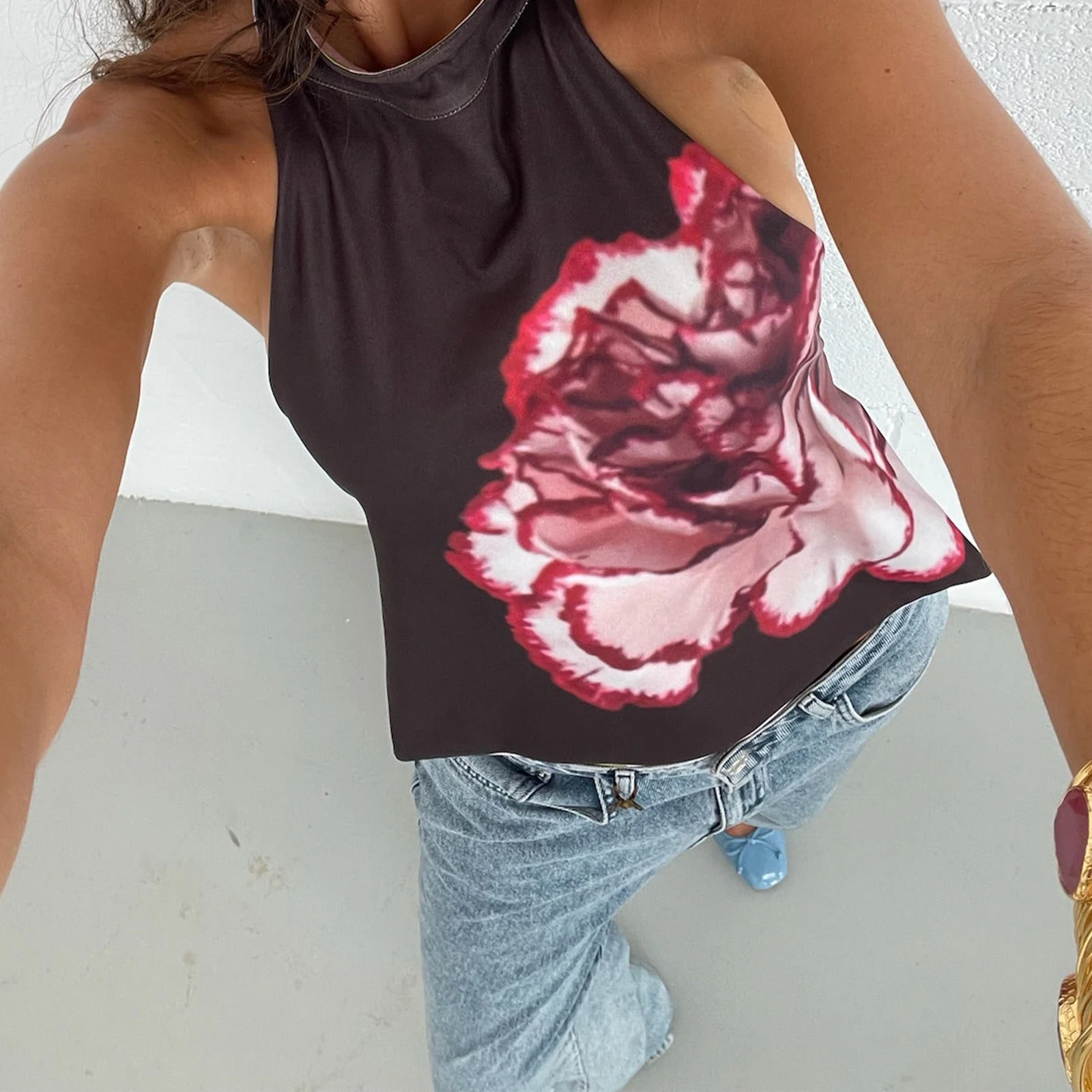 المرأة الرسن الأعلى أكمام عارية الذراعين النقاط/زهرة طباعة الصيف سترة لينة مريحة الرسن القمم للمواعدة نادي عطلة الحفلات