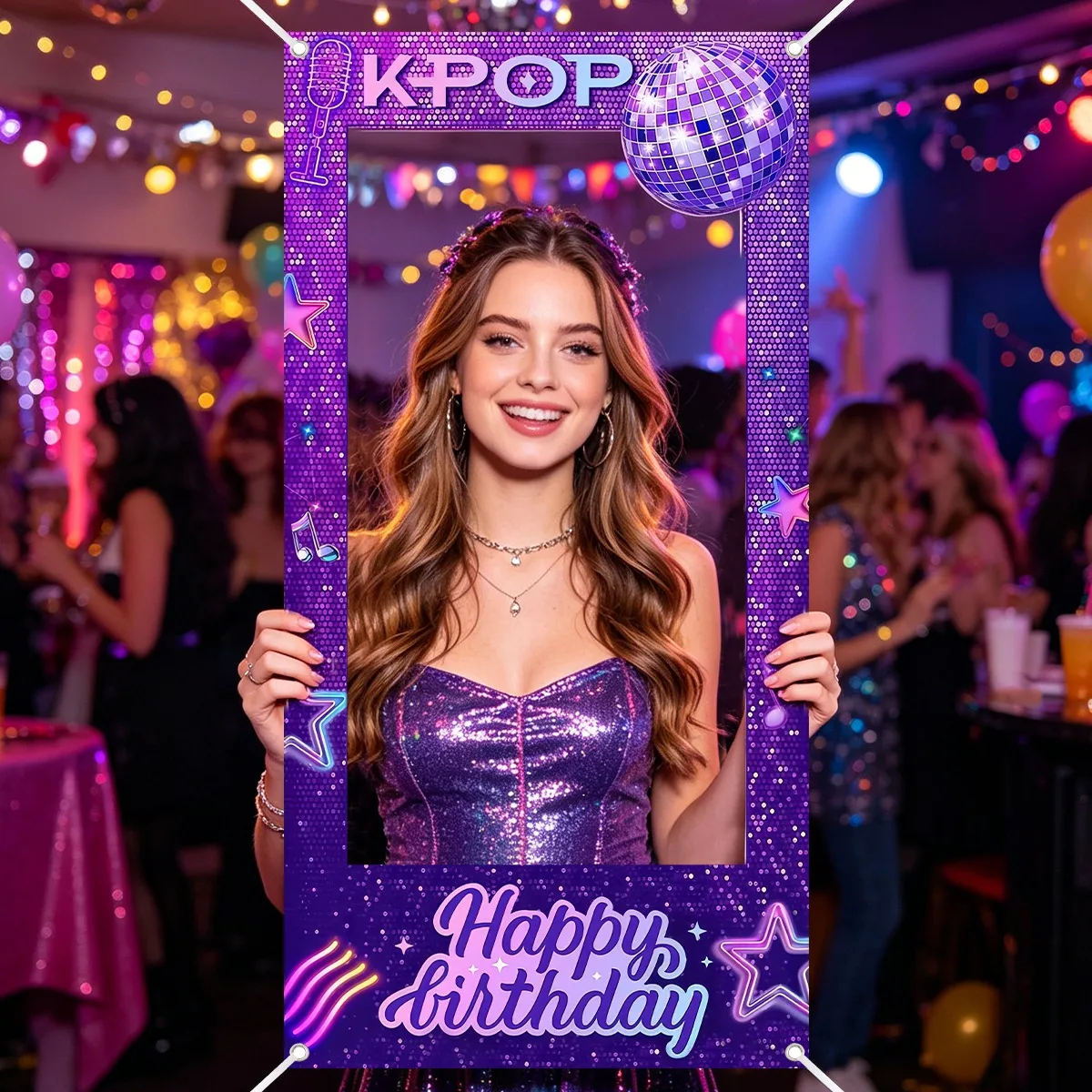 1 Stück Lila K-POP Fotorahmen-Hintergrund mit Happy Birthday Muster aus Polyester für K-POP Themen-Geburtstagsfeiern – Detail 6