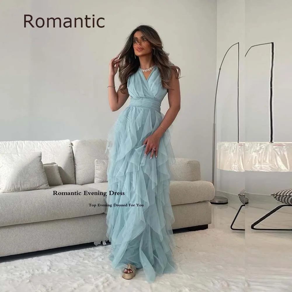 Romantic Elegant Tiered Blue Tulle Evening Dress Sleeveless V-Neck Saudi Arabia Floor Length Party Gown Prom Dress Women Vestido