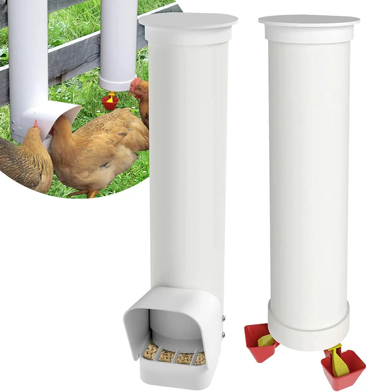 

Chicken Feeder 6.5lbs with Rain Cover and Twin Chicken Cup Waterer Set PH-259