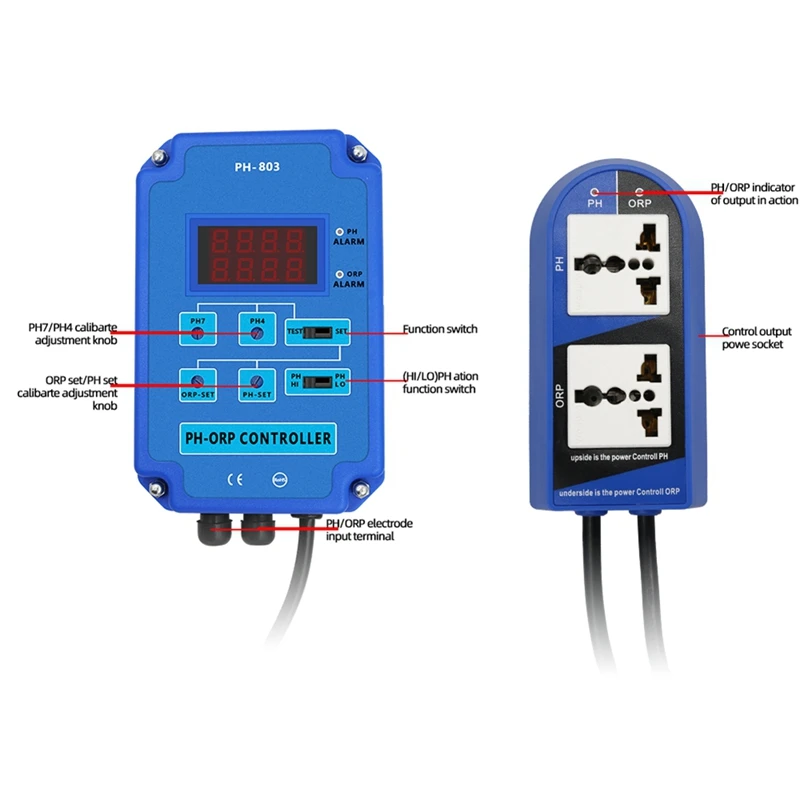 Digitale 2 & 1 PH ORP Monitor Redox Controller Blauw Voor Aquarium Hydrocultuur Plant Zwembad Spa W/uitgangsvermogen relais US Plug