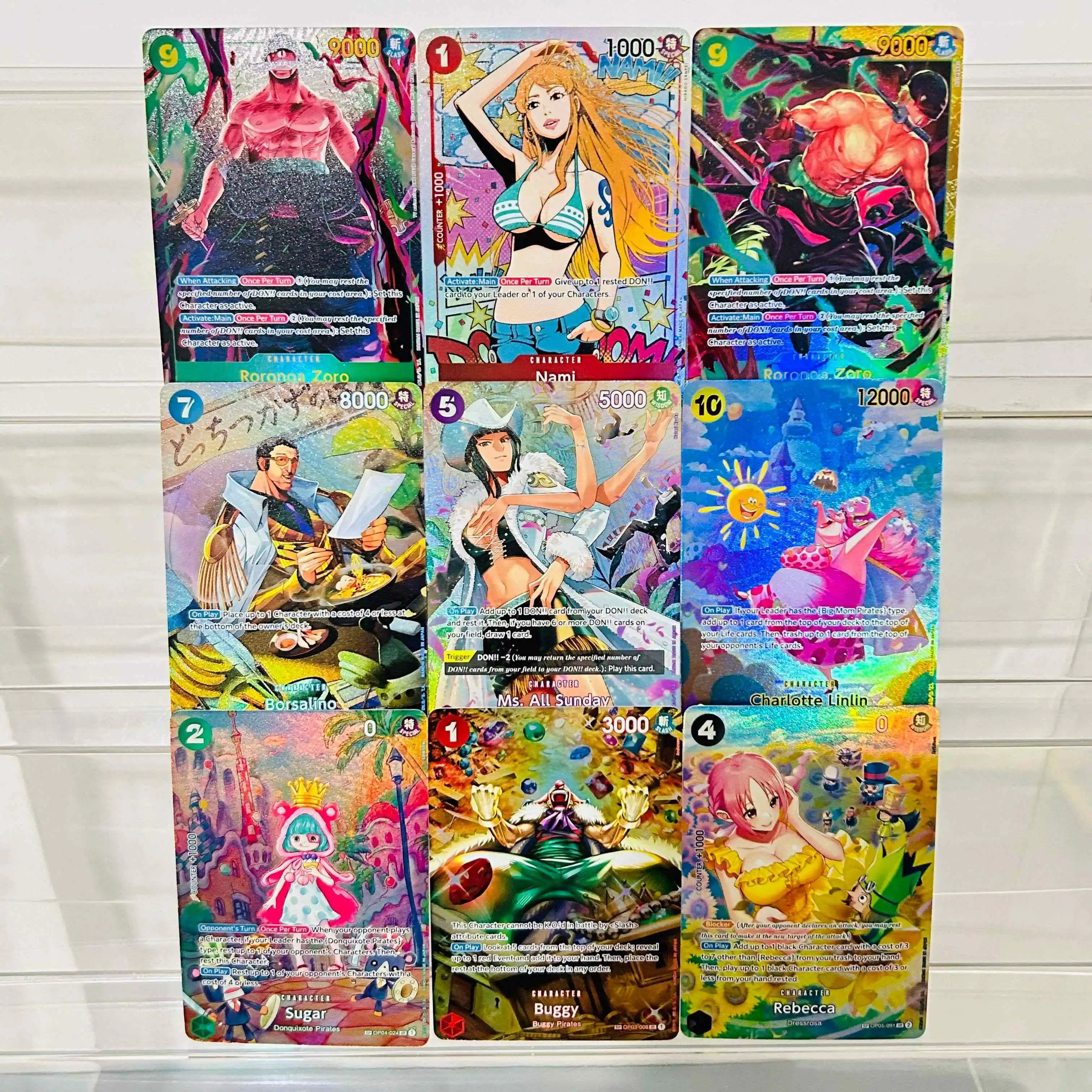 

One Piece 9Pcs (Roronoa Nami Sugar Buggy Rebecca) Holographic Texture Cards Perfect Condition DIY Premium Anime Collection Card