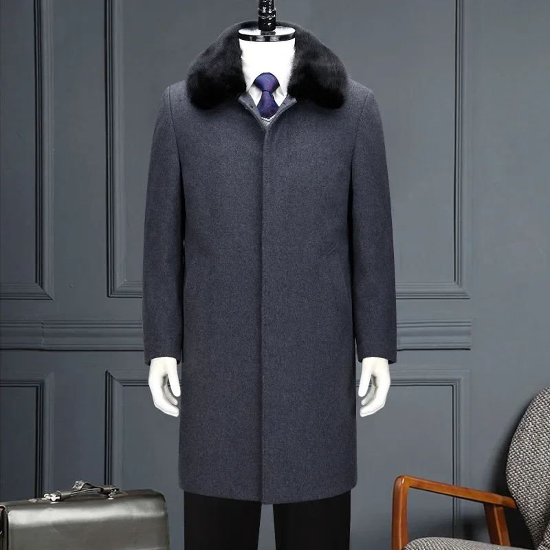 

New Winter Cashmere Long Coat Men Mink Collar Wool Woolen Overcoat Casual High-grade Plus Size M L Xl 2XL 3XL 4XL