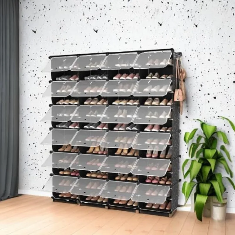 Großer Schuhschrank mit Abdeckungen und Türen, 12-stufiger Organizer, 96 Paar, extra großer tragbarer Rack-Organizer aus Kunststoff