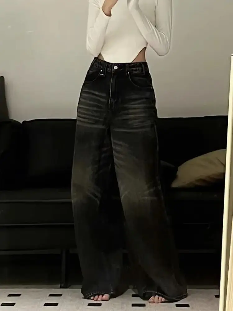 Jean Vintage noir à jambes larges pour femmes, surdimensionné, mode coréenne, Baggy, pantalon en Denim, Grunge Y2k, Hip Hop