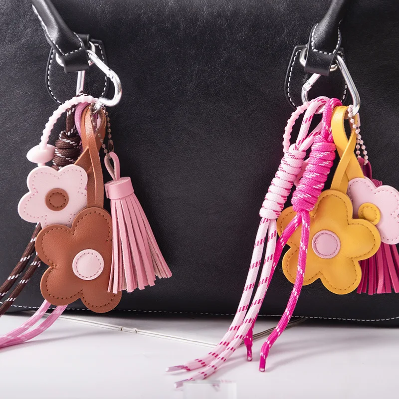 

PUPU Women's Korean Style Leather Flower Tassel Keychain with Metal Ring & Heart Charm - Pastel Pink & Brown Bag Charm,