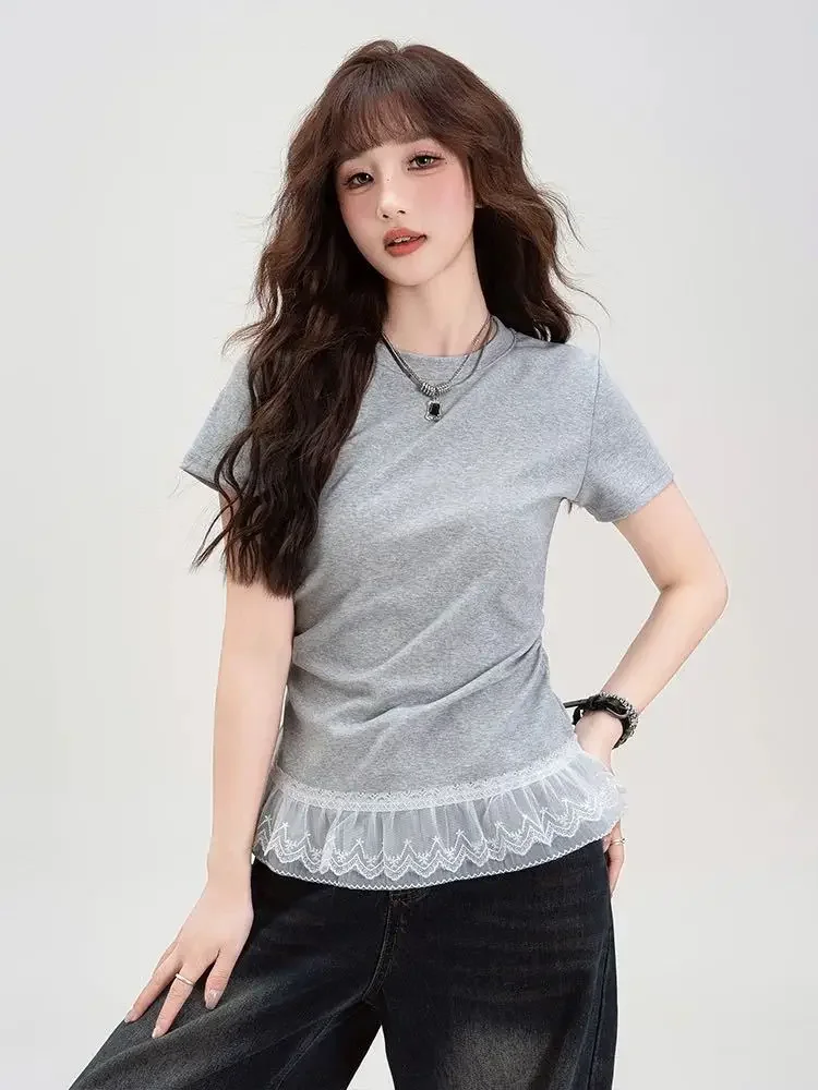 Splicing Lace Skirt Edge Short Sleeved T-Shirt, Slim Fit, Waist Cinching, Slimming Effect, Base Short Sleeved Shoulder T-Shirt