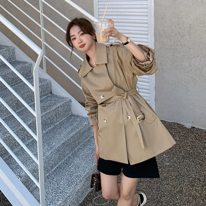 British Style Trench Coat For Women Spring Autumn Lapel Long Khaki Overcoat Casual Long Sleeve Waistband Windbreaker Female