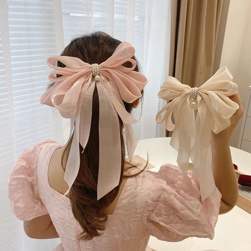 Pinza para el pelo con colgante de perlas para mujer, lazo de Organza grande, accesorio para el cabello, cinta grande, horquilla para la cabeza,