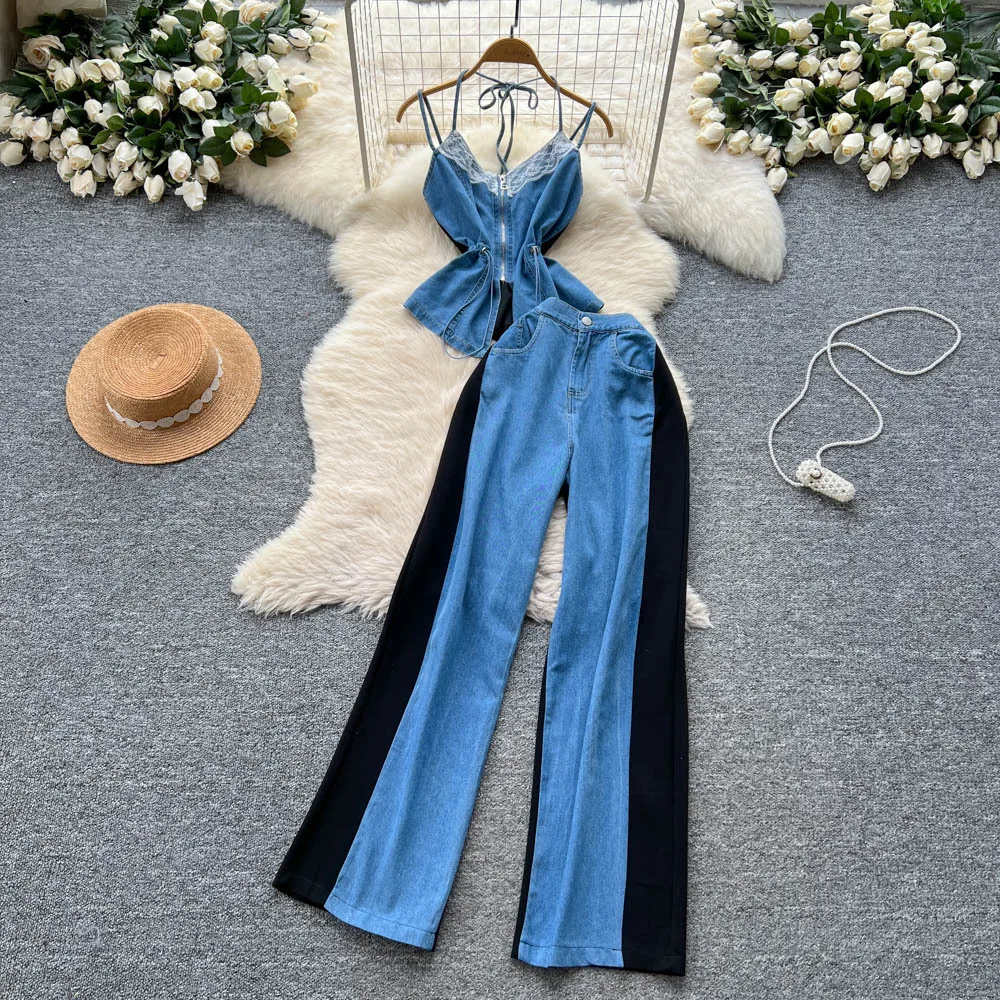 

Denim Two Piece Sets Women Jeans Suit Lace Y2k Top Wide Leg Pants Zipper Lace Up Patchwork Trousers Outfits Ensemble Summer 2025
