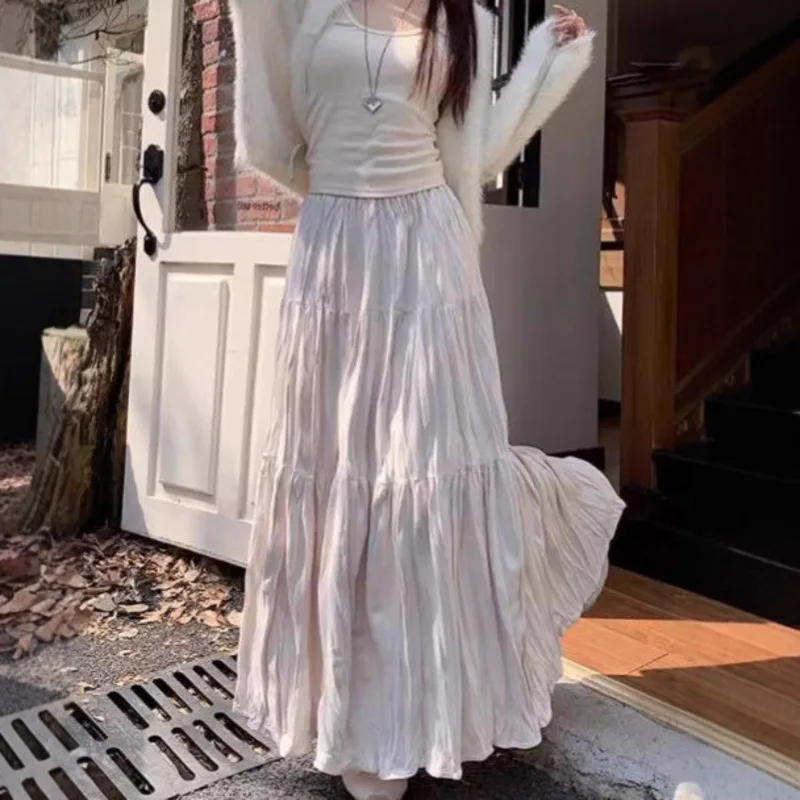 Jesienno-zimowa spódnica damska z wysokim stanem, plisowana, długa, w stylu vintage, modna, jednokolorowa, o kroju litery A, luźna, codzienna, streetwearowa, kolekcja 2025.