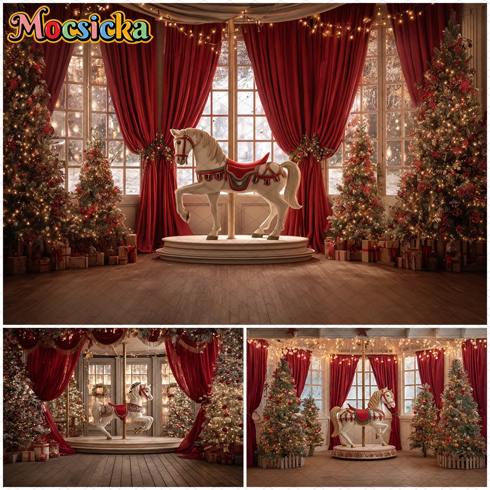 

Mocsicka Christmas Photography Background New Year Party Home Tree Horse Red Curtains Decoration Photo Backdrop Studio Wallpaper