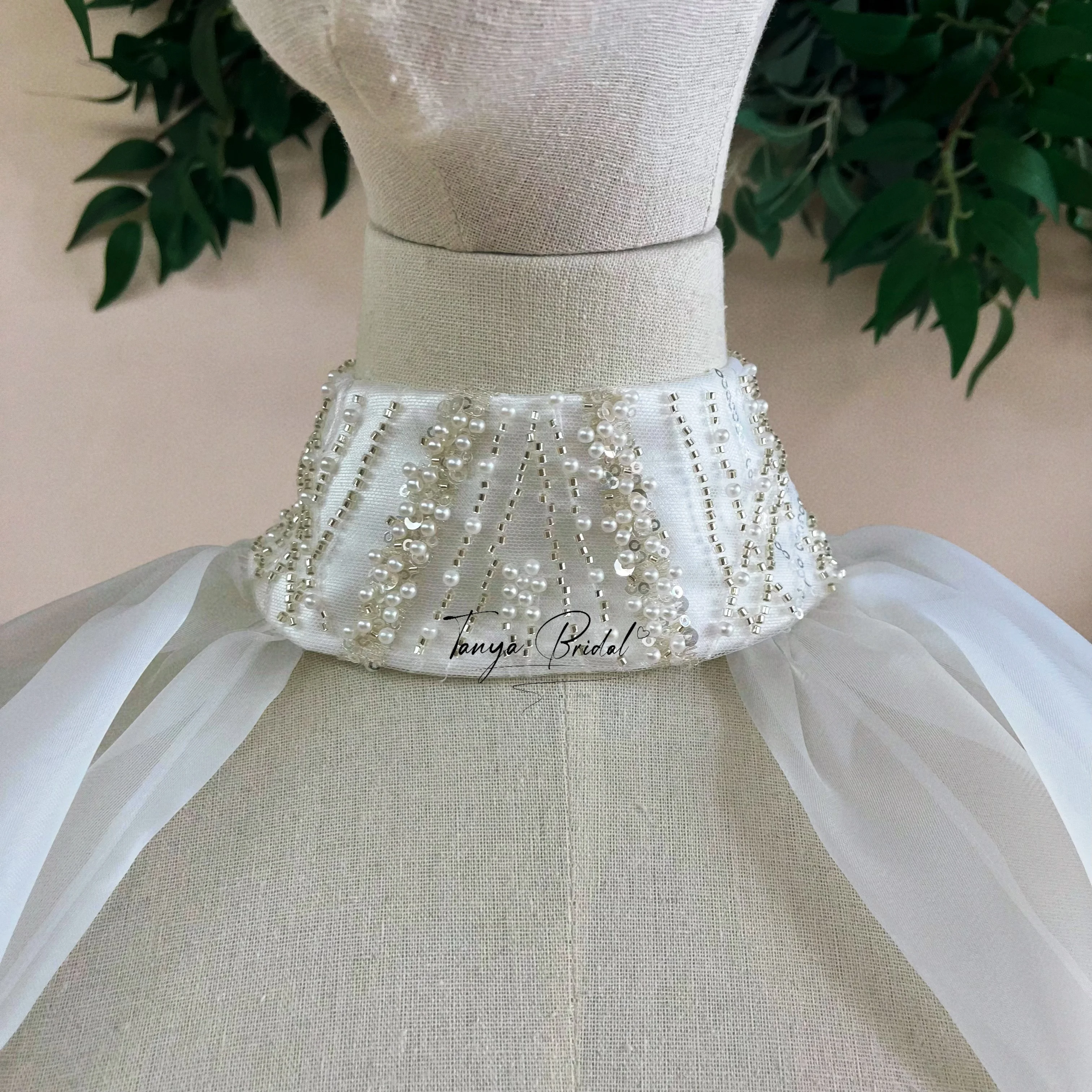 White Organza High Neck Bolero Jacket with Giant Puff Sleeves Back Button Detail Beadings on Neck And Cuff for Women